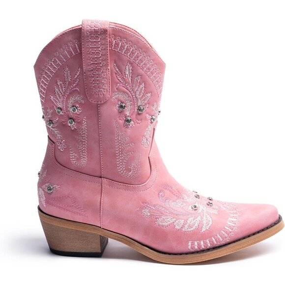 🆕Women Pink Cowgirl with Sparkly Embroidered Rhinestone Western Ankle Boot - Picture 4 of 7